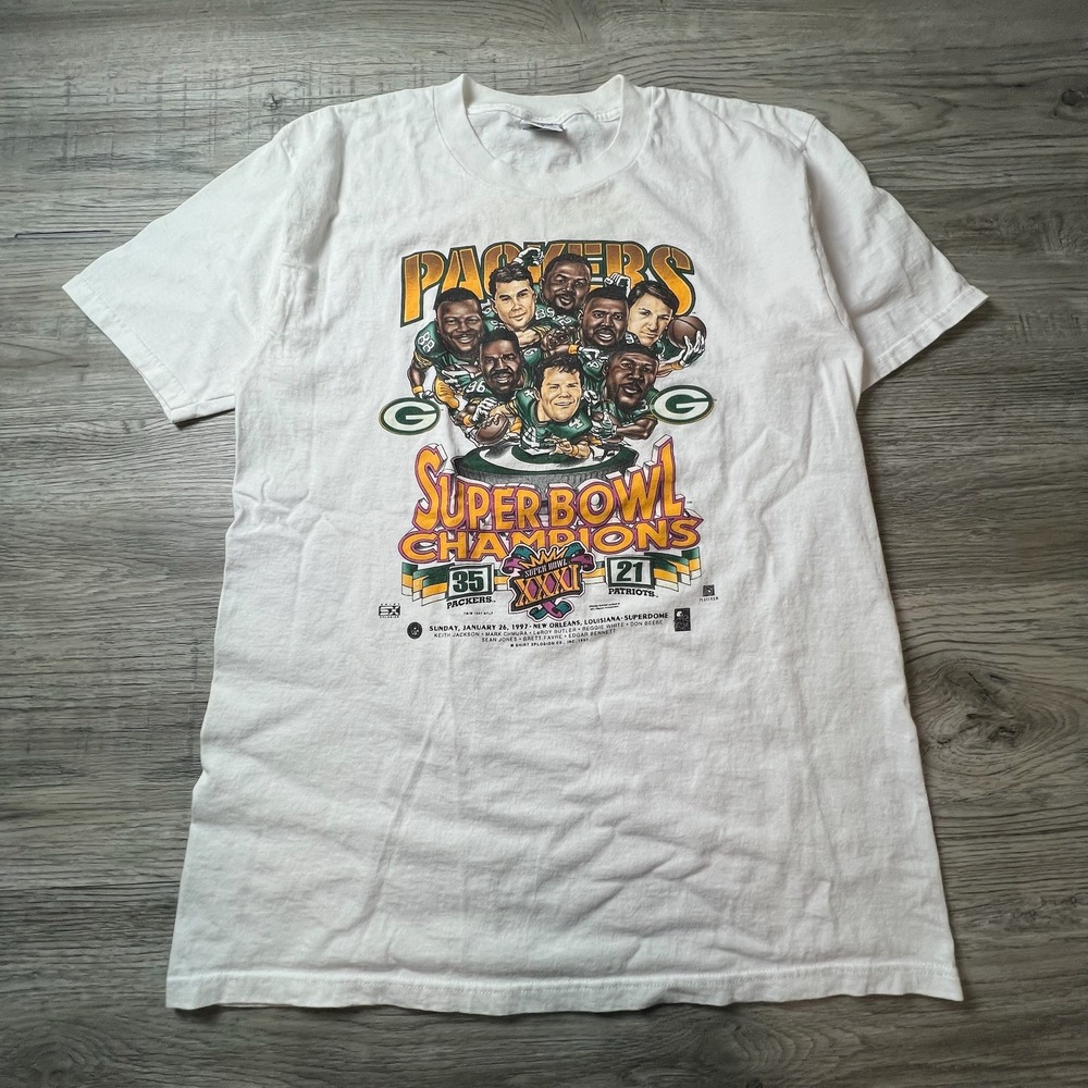 Vintage Green Bay Packers caricature Shirt Mens Large White Super Bowl XXXI 1997